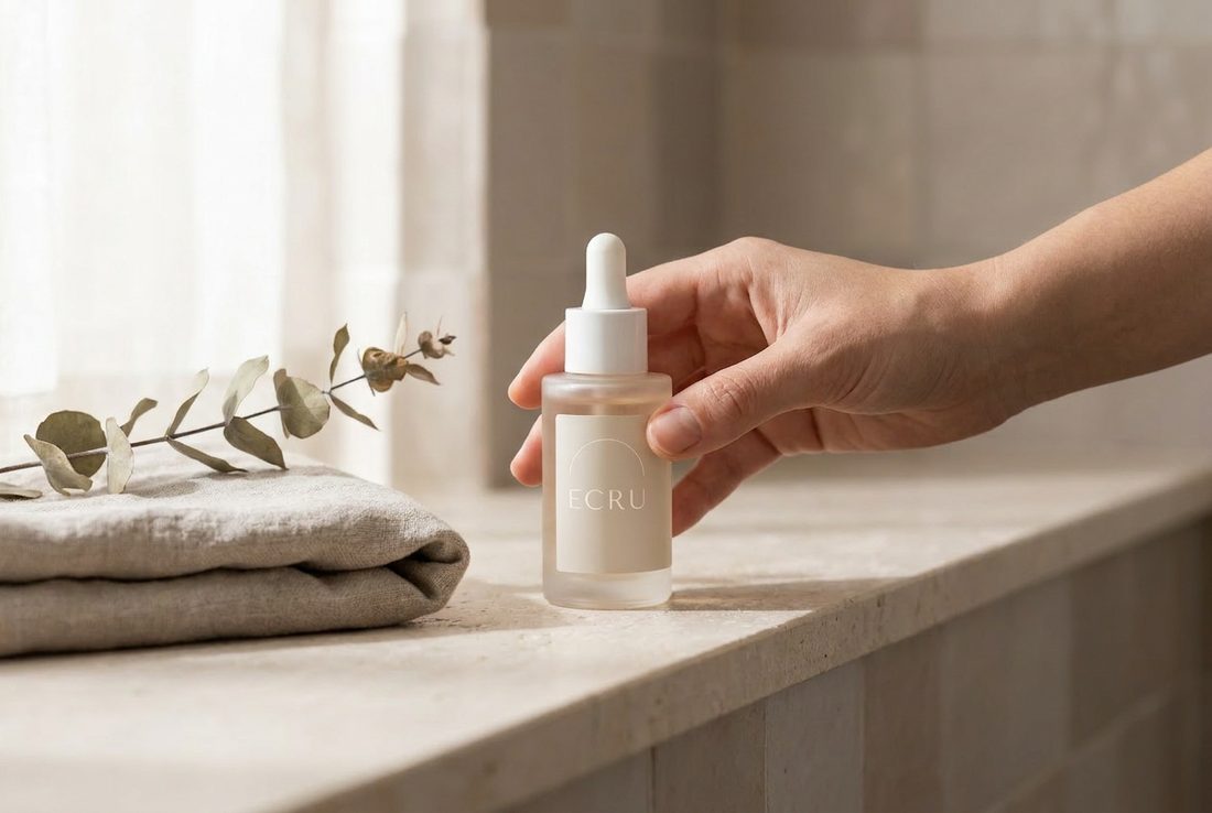 Hand holding ECRU serum over travertine ledge