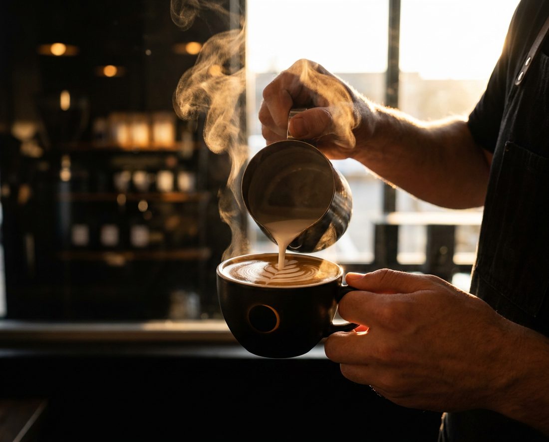 Barista pouring milk, steam backlit