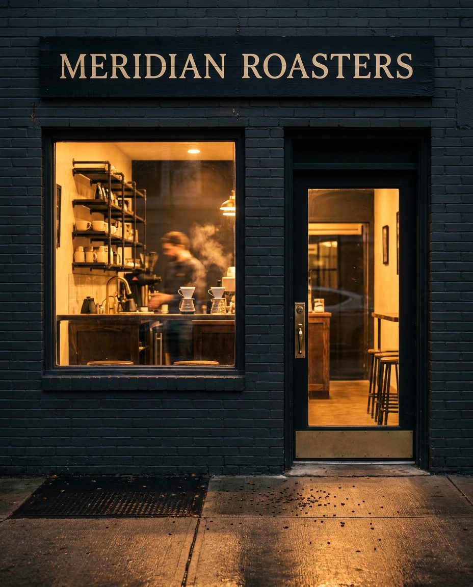 Meridian Roasters storefront glowing at dusk
